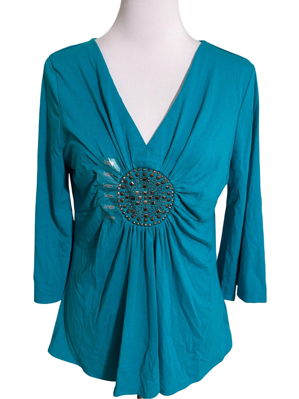 V-Neck Turquoise Studded Empire Waist Blouse